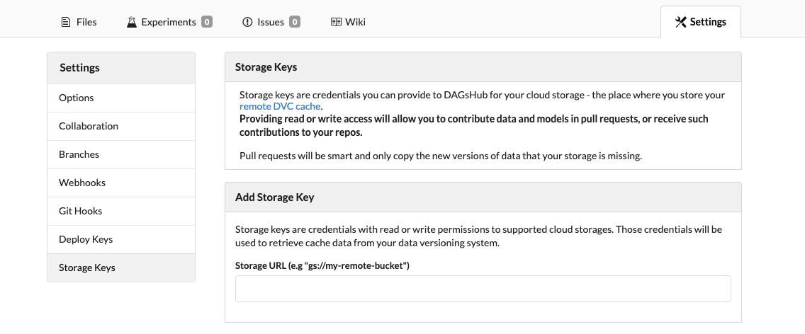 Storage Keys menu on DAGsHub