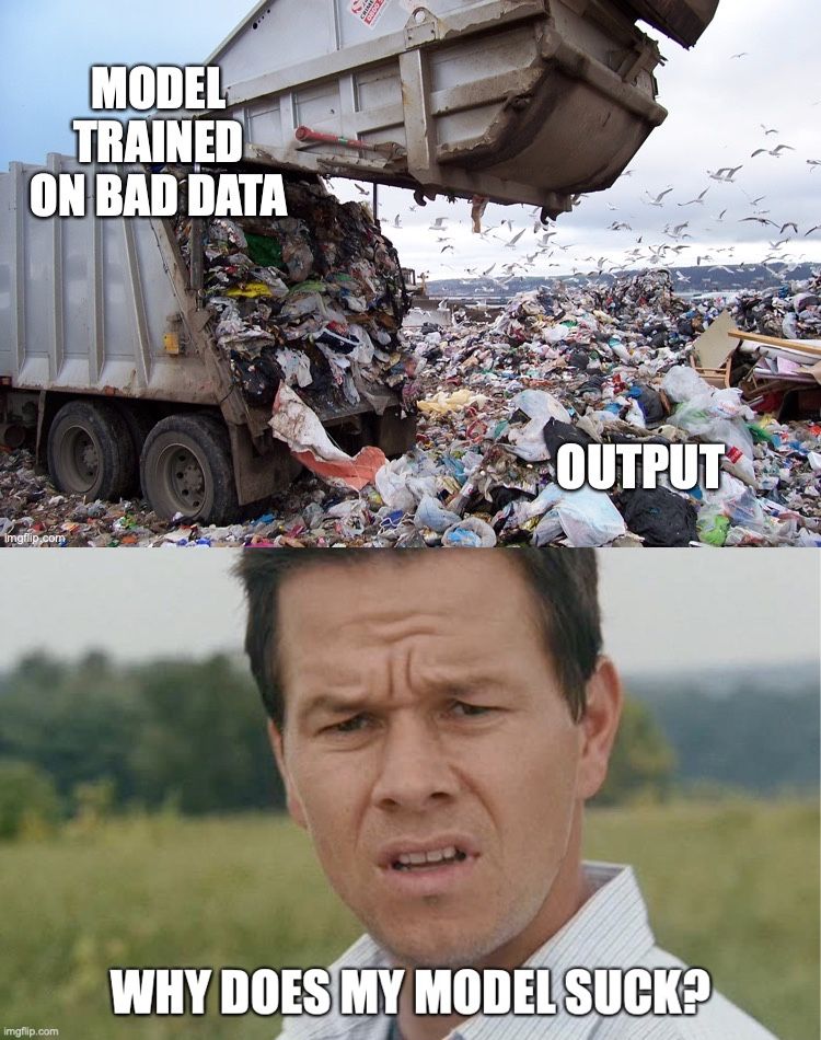 Meme with two panels. The top panel shows a garbage truck dumping trash on an already large pile of garbage. The truck is labeled "model trained on bad data" and the pile of garbage is labeled as "output". The bottom panel is an image of a very confused looking Mark Wahlberg and is labeled "Why does my model suck?"