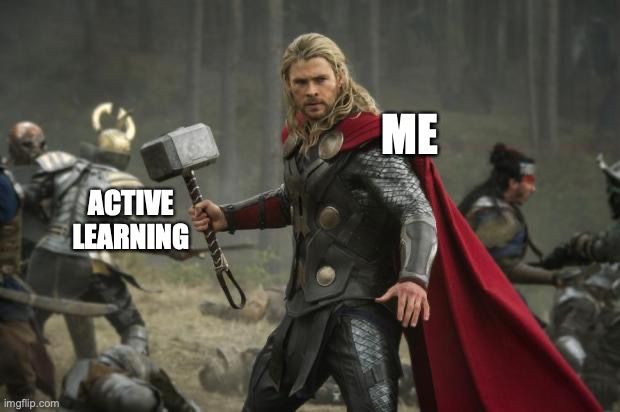 Meme of Thor holding his hammer. Thor is labeled "me" and his hammer is labeled "active learning".