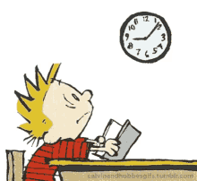 Animated cartoon gif of Calvin staring at a clock in school