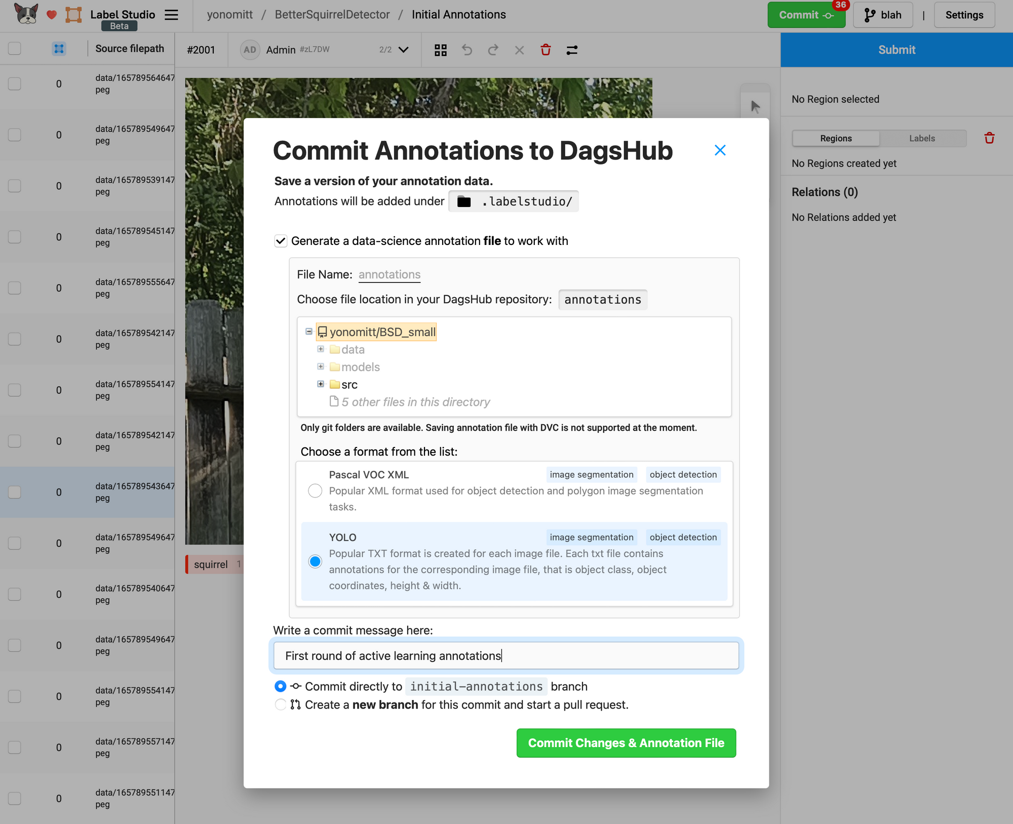 Screenshot of Label Studio's commit annotations form