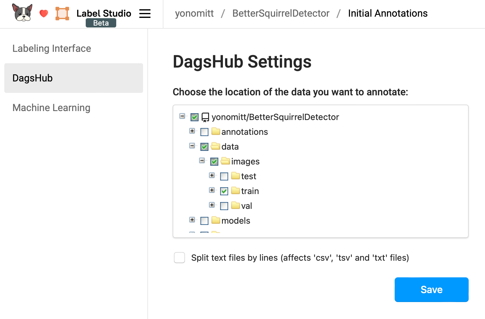 Screenshot of the DagsHub settings for Label Studio with the training folder selected