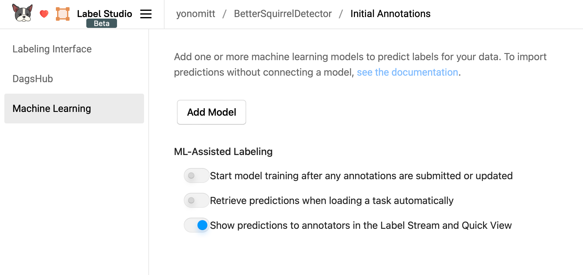 Screenshot of the Machine Learning Settings in Label Studio on DagsHub.com