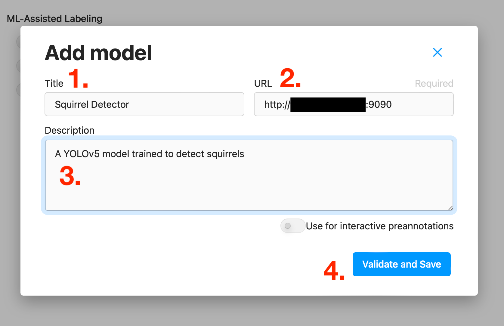A screenshot of the Add model form with numbered fields for the areas that need input.