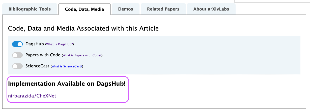 Link to a DagsHub project on arXiv