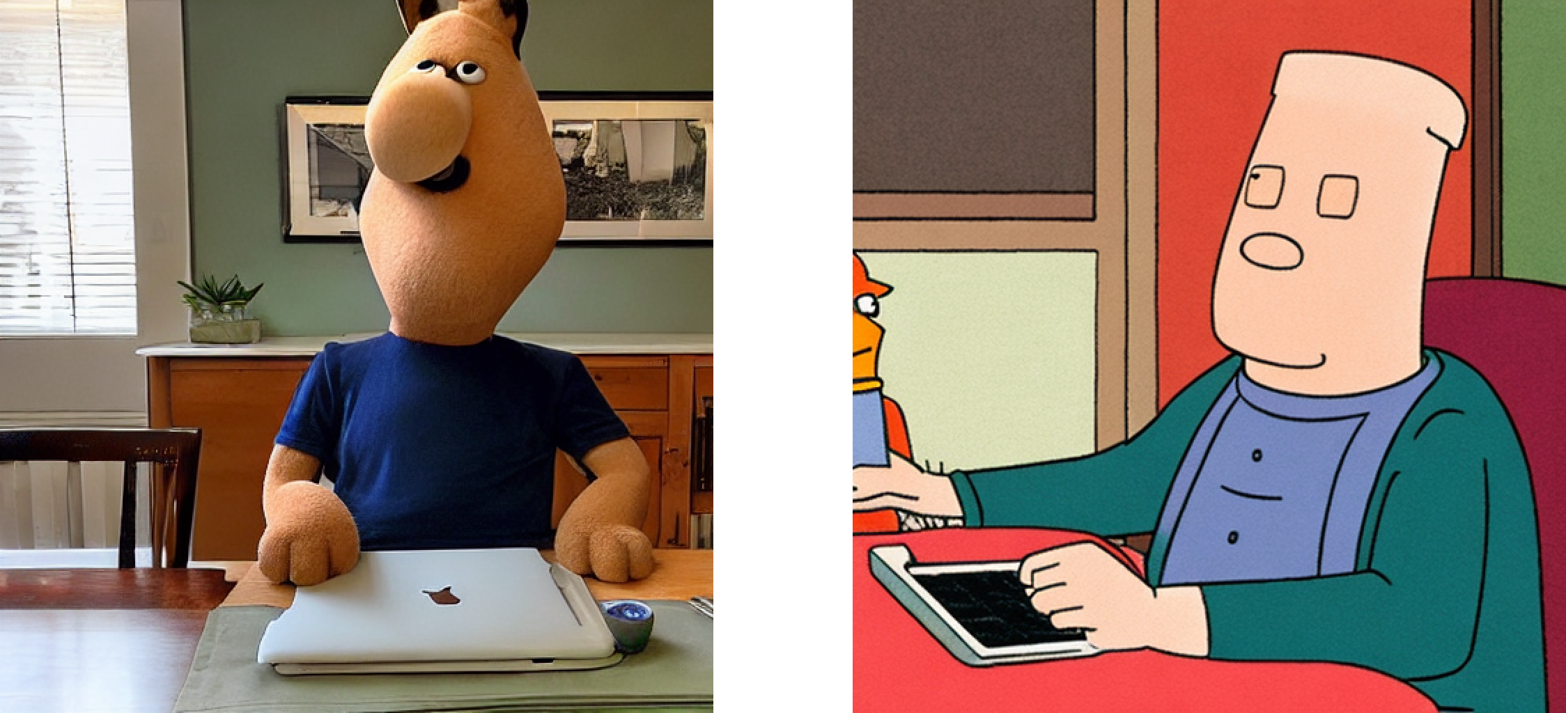 Both images were generated by a model and consist of a human-like figure sitting at a table with a laptop or tablet. In the left image, the figure looks like a puppet sitting in a realistic setting. The right image looks like a cartoon.