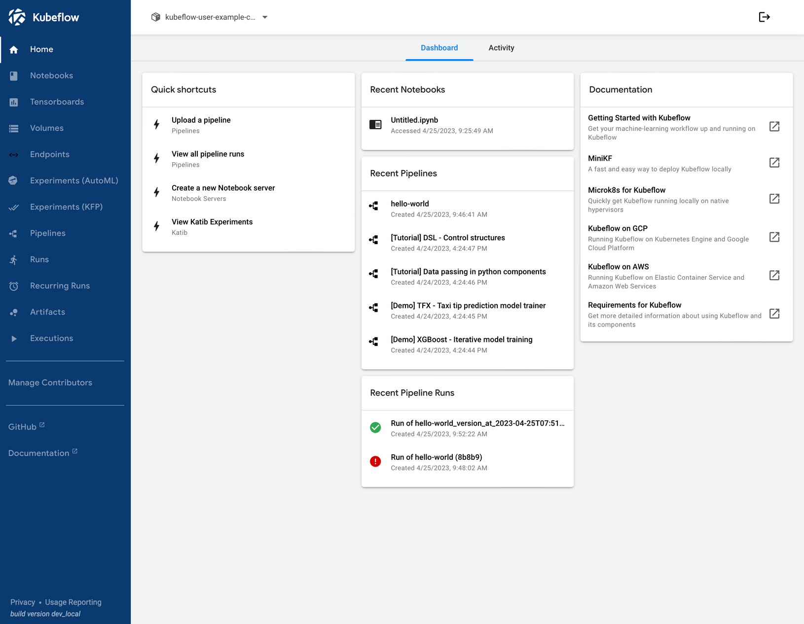 Screenshot showing the default view of the Kubeflow dashboard.