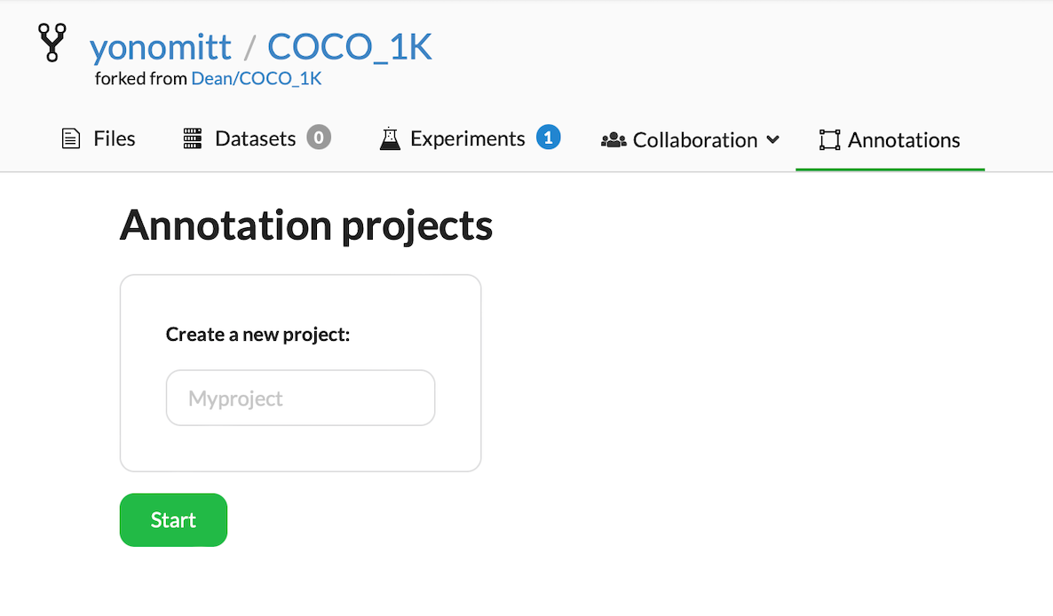 Screenshot of the Annotations projects UI with a text box available to enter the name for a new project. There is also a green Start button.