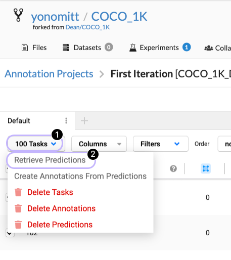 A crop of screenshot from the DagsHub Label Studio UI. The Tasks menu is dropped down. The Tasks button itself is circled with the number 1. From the drop-down menu, Retrieve Predictions is circled with the number 2.