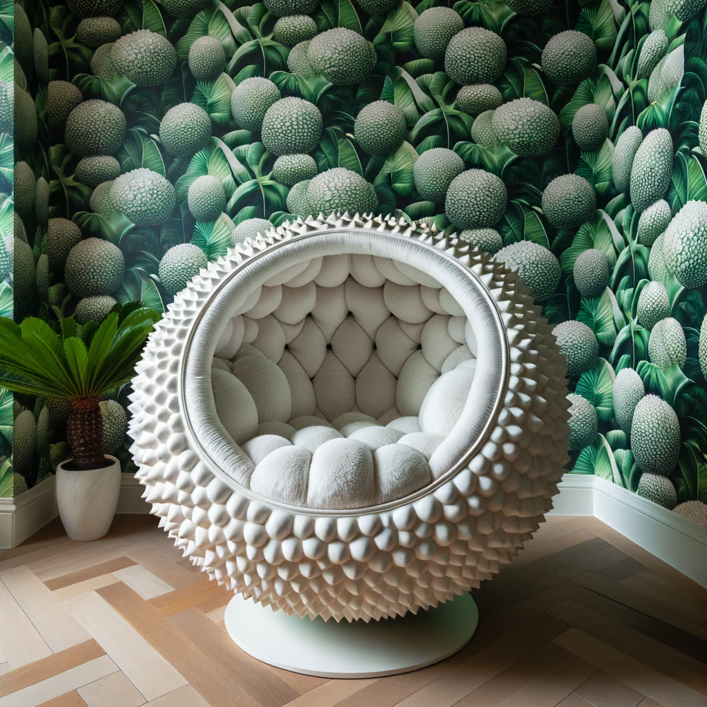 Generated with DALL-E 3: "Photo of a lychee-inspired spherical chair, with a bumpy white exterior and plush interior, set against a tropical wallpaper.", image by OpenAI